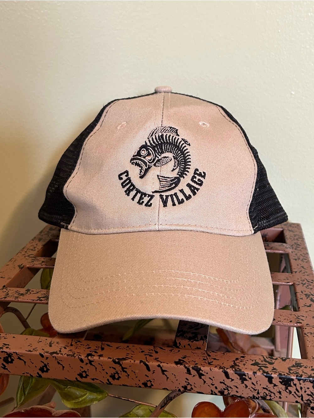 Cap America Cortez Village Florida Trucker Hat Khaki Tan Black Mesh Snapback